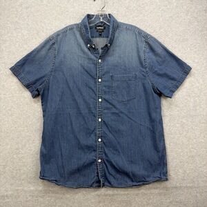 Express‎ Shirt Mens XL Blue Denim Button Up Short Sleeve Soft Wash Casual Work